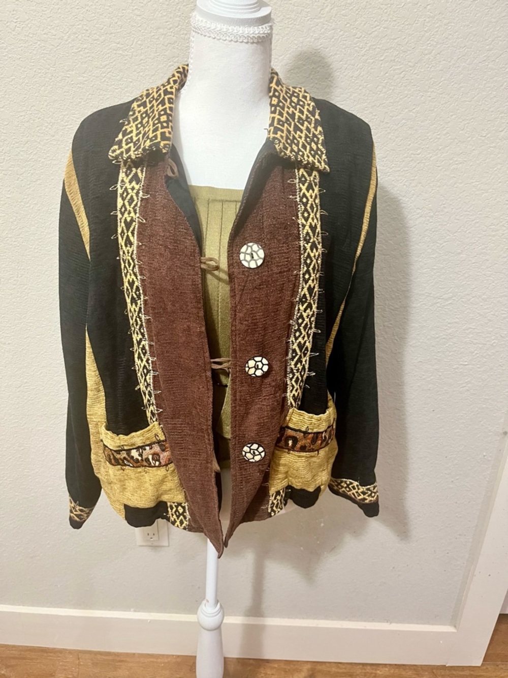 Vintage Allure Boho Crochet Trim Open Front Jacket in Black, Brown & Mustard
